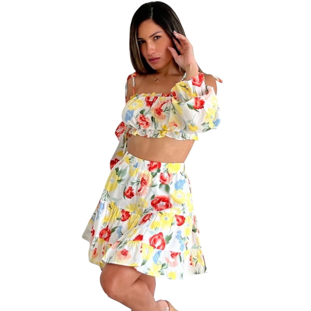 Hyfve Floral Mini Skirt‎ Size M Cottagecore Tiered Ruffle Summer Boho Tropical